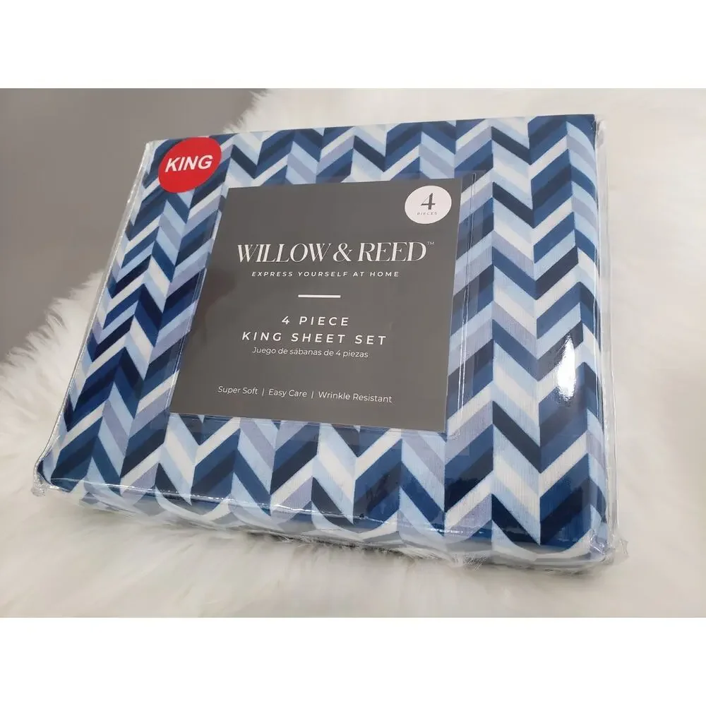 NEW Blue Herringbone Chevron King‎ SHEET SET 4 piece flat fitted boy bedroom men